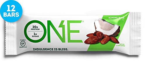 Product Cover ONE Protein Bars, Almond Bliss, Gluten Free Protein Bars with 20g Protein and only 1g Sugar, Guilt-Free Snacking for High Protein Diets, 2.12 oz (12 Pack)