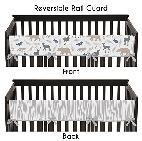 Product Cover Sweet Jojo Designs Blue Gray and White Woodland Animals Long Front Rail Guard Baby Boy Teething Cover Protector Crib Wrap
