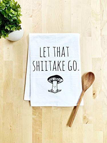 Product Cover Funny Dish Towel, Let That Shiitake Go, Mushroom Pun, Flour Sack Kitchen Towel, Sweet Housewarming Gift, White