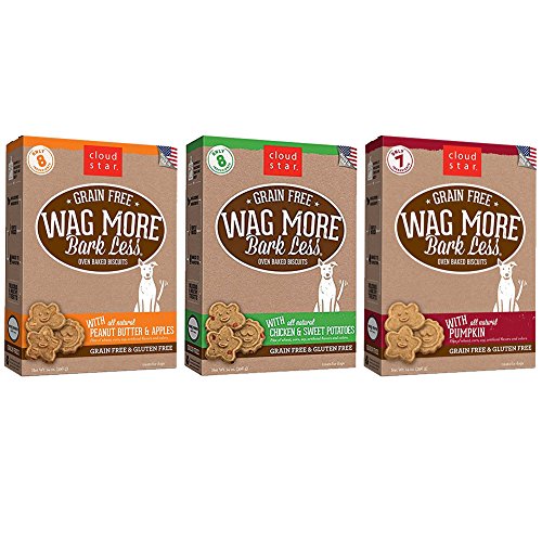 Product Cover Cloud Star Wag More Bark Less Grain Free 14 Ounce Oven Baked Biscuits, 3 Pack Bundle (Chicken and Sweet Potatoes, Peanut Butter and Apples, and Pumpkin)