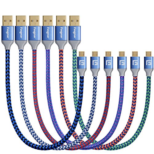 Product Cover Fasgear 6 pcs 1ft / 30cm Nylon Braided Micro USB Short Cables with Gold-Plated Navy-Blue Connector Compatible with Samsung, LG, HTC, Nokia, Android Phone and More(6pcs Colorful Cables)