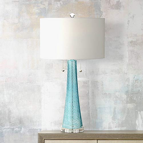 Product Cover Miriam Modern Table Lamp Light Aqua Blue Textured Glass White Drum Shade for Living Room Family Bedroom Bedside - Possini Euro Design