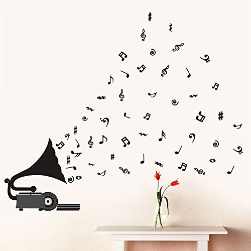 Product Cover Decals Design Stickerskart Wall Stickers Gramophone With Musical Notes (Wall Covering Area: 130cm x 100cm ,Product Dimensions: 50x70cm)