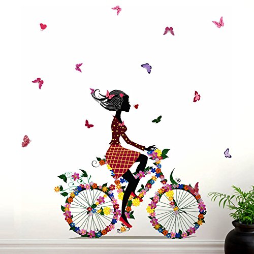 Product Cover Decals Design Stickerskart Wall Stickers Bicycle With Flowers & Girl (Wall Covering Area: 120cm x 120cm ,Product Dimensions: 60x90cm)