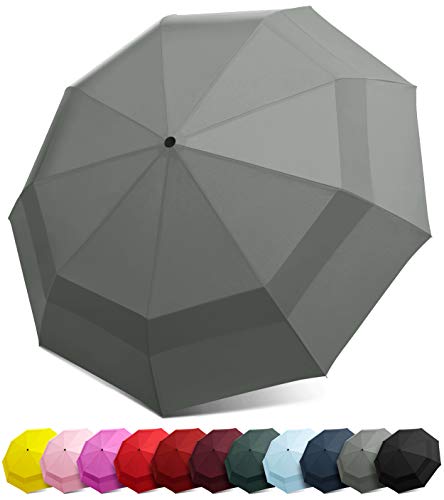 Product Cover EEZ-Y Compact Travel Umbrella with Windproof Double Canopy Construction - Auto Open and Close Button (Gray, One Size)
