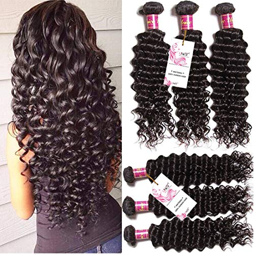 Product Cover Unice Hair Brazilian Virgin Hair Deep Wave Hair 3 Bundles, Unprocessed Human Hair Wave Natural Color Can Be Dyed and Bleached (16 18 20)