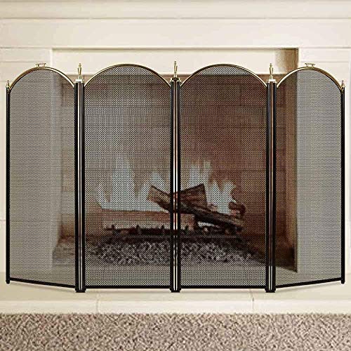 Product Cover Large Gold Fireplace Screen 4 Panel Ornate Wrought Iron Black Metal Fire Place Standing Gate Decorative Mesh Solid Baby Safe Proof Fence Steel Spark Guard Cover Outdoor Fireplace Tools Accessories