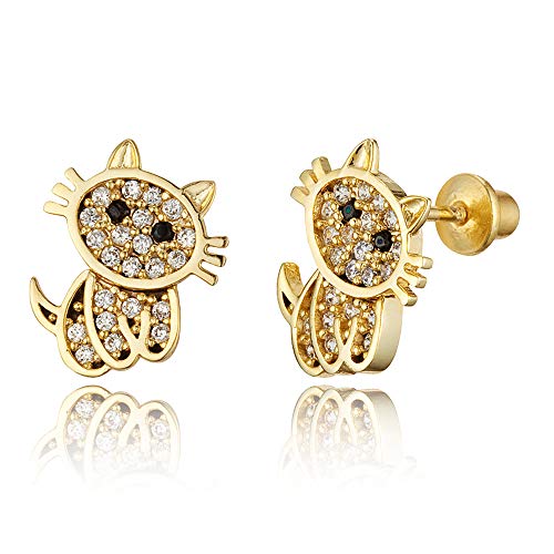 Product Cover 14k Gold Plated Brass Cat Cubic Zirconia Screwback Baby Girls Earrings with Sterling Silver Post