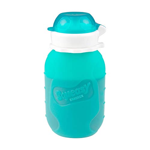 Product Cover Aqua 6 oz Squeasy Snacker Spill Proof Silicone Reusable Food Pouch - for Both Soft Foods and Liquids - Water, Apple Sauce, Yogurt, Smoothies, Baby Food - Dishwasher Safe