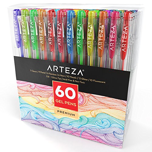 Product Cover Arteza Gel Pens 60-Individual-Colors Acid-Free & Non-Toxic (0.8-1.0 mm Tips, Set of 60)