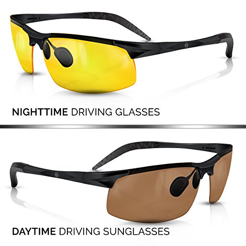 Product Cover BLUPOND KNIGHT VISOR Set of 2 - Driving Glasses Anti-Glare HD Vision - Yellow Lens Night Driving Glasses Plus Copper Daytime Driving Sunglasses for Hunting, Fishing, Cycling, PLUS CAR CLIP HOLDER