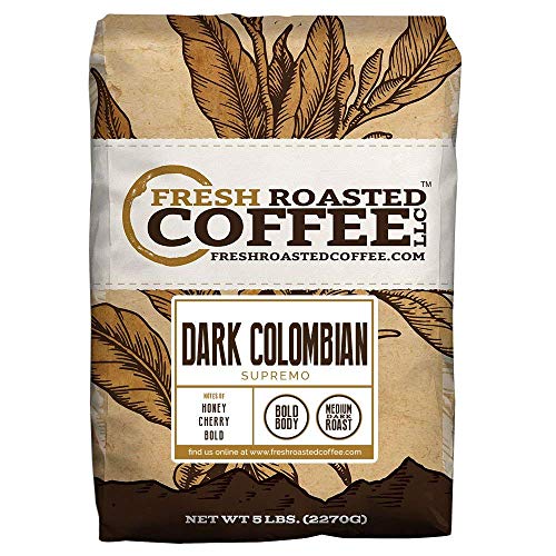 Product Cover Fresh Roasted Coffee LLC, Dark Colombian Supremo Coffee, Medium-Dark Roast, Whole Bean, 5 Pound Bag