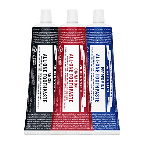 Product Cover Dr. Bronner's - All-One Toothpaste (3-Pack Variety) 5 Ounce Peppermint, Cinnamon, Anise - 70% Organic Ingredients, Natural and Effective, Fluoride-Free, SLS-Free, Helps Freshen Breath, Reduce Plaque