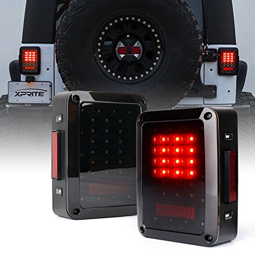 Product Cover Xprite Bold Series Smoke Lens LED Tail Lights w/Red Brake Rear Light, Turn Signal & Back Up Light for Jeep Wrangler JK JKU 2007-2018