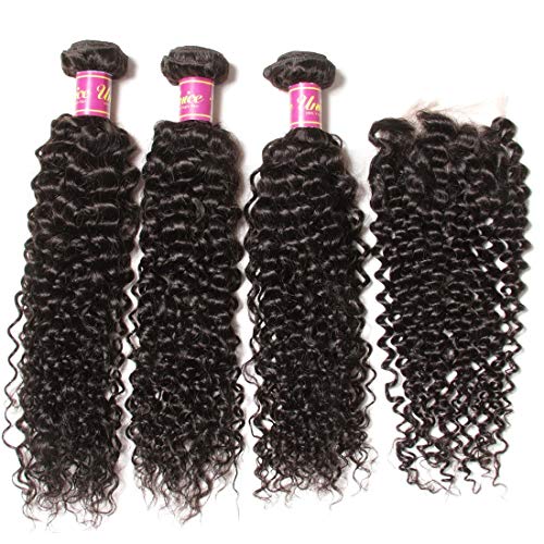 Product Cover UNice Hair Brazilian Virgin Curly Hair with Free Part Lace Closure Unprocessed Virgin Brazilian Human Hair Extensions Natural Color (18 20 22+16 Free Part)