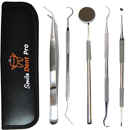Product Cover Dental Tools Smile Dent Pro Kit, Stainless Steel Dental Scaler, Mouth Mirror, Tarter Scraper, Tooth Pick, Tweezers, Plaque And Calculus Remover Dentist Hygiene Instruments Set For Home & Pet Oral Use
