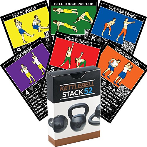 Product Cover Stack 52 Kettlebell Exercise Cards. Kettlebell Workout Playing Card Game. Video Instructions Included. Learn Kettle Bell Moves and Conditioning Drills. Home Fitness Training Program.