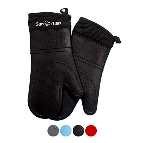 Product Cover Black Silicone Oven Mitts - 1 Pair of Extra Long Professional Heat Resistant Pot Holder & Baking Gloves - Food Safe, BPA Free FDA Approved With Soft Inner Lining