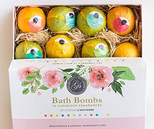 Product Cover Grace & Stella Bath Bombs Variety Gift Set of 12 XL Assorted Fizzies (120g) - Individually Wrapped Bath Balls - Natural, Organic & Vegan w/Essential Oils - Gift Idea for Women, Kids, Birthday, Teens