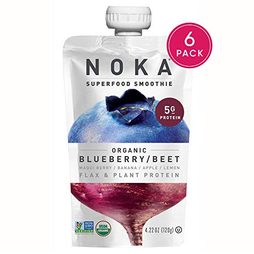 Product Cover NOKA Superfood Pouches (Blueberry Beet) 6 Pack | 100% Organic Fruit And Veggie Smoothie Squeeze Packs | Non GMO, Gluten Free, Vegan, 5g Plant Protein | 4.2oz Each
