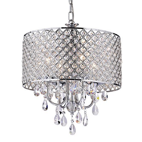 Product Cover Edvivi Marya 4-Light Chrome Round Crystal Chandelier Ceiling Fixture | Beaded Drum Shade | Glam Lighting