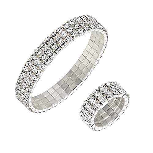 Product Cover Miraculous Garden 3-Row Silver Plated Crystal Rhinestone Elestic Stretch Rings Bracelet Rings Set for Womens Girls.