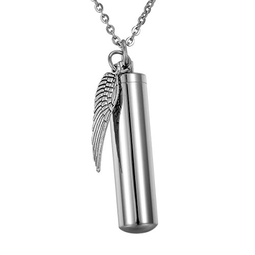 Product Cover HooAMI Angel Wing Charm Cylinder Cremation Jewelry Urn Necklace for Ashes Stainless Steel Memorial Pendant