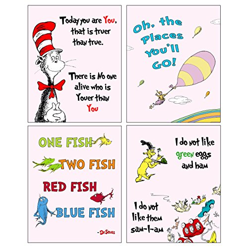 Product Cover Dr Seuss Set of four ART Prints - Kids Baby Nursery Room Decor (Pink)