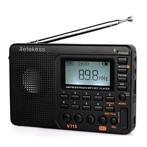 Product Cover Retekess V115 Portable AM FM Radio with Shortwave Radio MP3 Player Digital Record Support Micro SD TF Card Sleep Timer and Rechargeable Battery(Black)