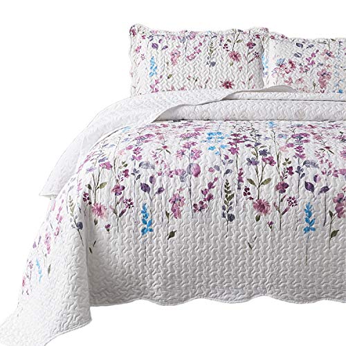 Product Cover Bedsure Twin Size (68x86 inches) 2-Piece Quilt Set Coverlet, Lilac Flower Pattern, Lightweight Design for Spring and Summer, 1 Quilt and 1 Pillow Sham