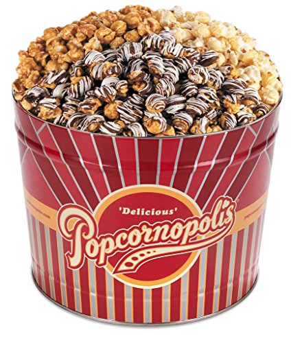 Product Cover Popcornopolis Gourmet Popcorn 2 Gallon Tin - Premium Including Caramel, Zebra and Kettle Corn