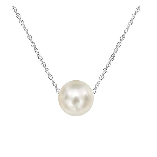 Product Cover Amelery Pearl Necklace Silver White Simulated Single Pendant Pearl 9-10mm 925 Solid Sterling Silver Singapore Chain 18'' Necklaces for Women
