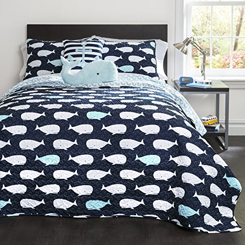 Product Cover Lush Decor Whale Kids Reversible 4 Piece Quilt Bedding Set with Sham and Decorative Throw Pillows, Twin, Navy