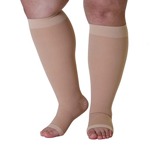 Product Cover Made in The USA - XXX-Large Mojo Compression Socks | Knee Length & Wide Calf | Open Toe | Beige 3XLarge