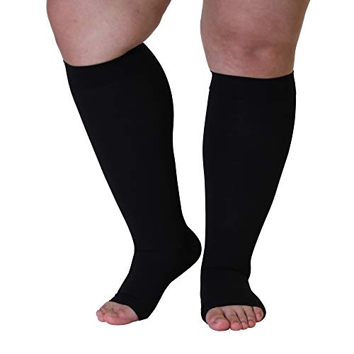 Product Cover 2XL Made in USA Mojo Opaque Plus Size Compression Socks Knee-Hi 20-30mmHg Wide Calf Graduated Compression Stockings Black Open Toe Unisex