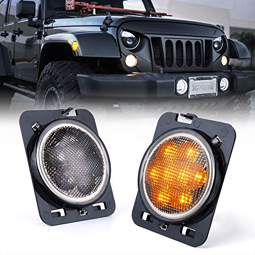 Product Cover Xprite LED Amber Yellow Front Fender Side Marker Light Assembly with Smoke Lens for 2007-2018 Jeep Wrangler