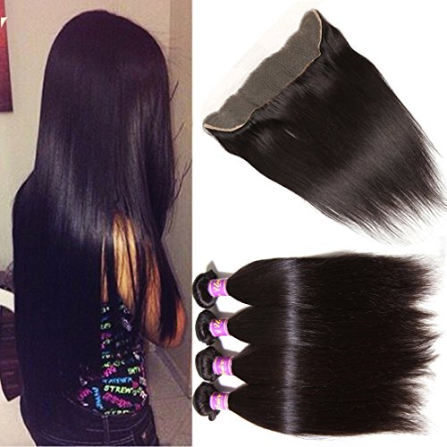 Product Cover Unice Hair Malaysian Straight Virgin Hair 3 Bundles Wefts with 13X4 Ear to Ear Lace Frontal Closure Human Hair Extensions Natural Color (20 22 24+16 Frontal) ）