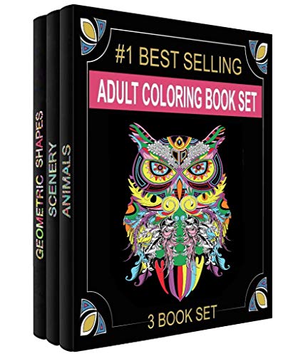 Product Cover Adult Coloring Books Set - 3 Coloring Books for Grownups - 120 Unique Animals, Scenery & Mandalas Designs. Coloring Books for Adults Relaxation.