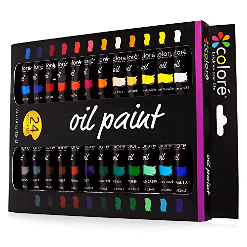 Product Cover Colore Oil Paint Set - Perfect for Use On Landscape and Portrait Canvas Paintings - Great for Professional Artists, Students & Beginners - Set of 24 Richly Pigmented Oil Paint Colors