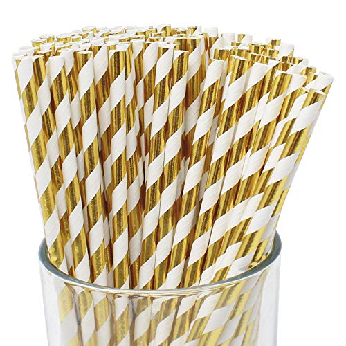 Product Cover Just Artifacts 100pcs Premium Biodegradable Striped Paper Straws (Striped, Metallic Gold)