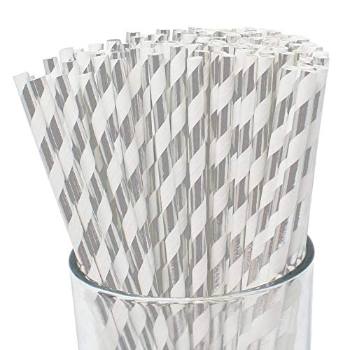 Product Cover Just Artifacts 100pcs Premium Biodegradable Striped Paper Straws (Striped, Metallic Silver)