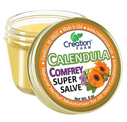 Product Cover Calendula Comfrey Super Salve, Large 4 oz jar Enriched Herbal Balm by Creation Farm Moisturizer Ointment No Gluten, No Soy, No Parabens, No GMO Herbs Grown and Made in USA Comforts Eczema, Psoriasis
