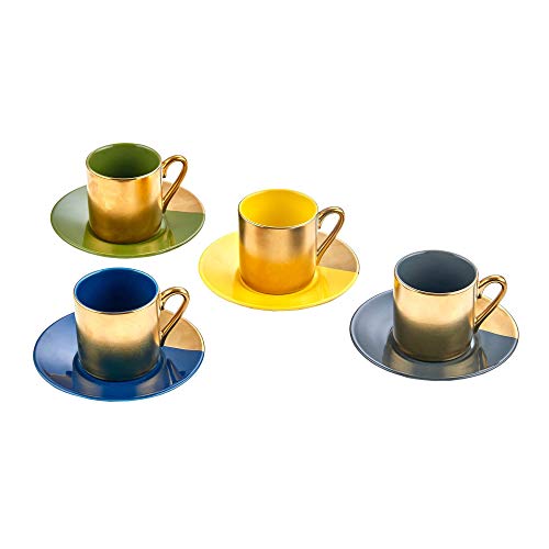 Product Cover Classic Coffee & Tea Solid Espresso Cups & Saucers (Set of 4) by Yedi Houseware | 2 ½ oz Porcelain In Stylish, Pastel Colors with Gold Plated Rims & Handles for an Authentic, Italian Café Feel