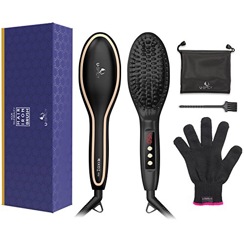 Product Cover USpicy Hair Straightening Brush Anti Frizz, Adjustable Temperature Hair Straightener Brush Portable, Hair Brush Straightener Auto Shut Off