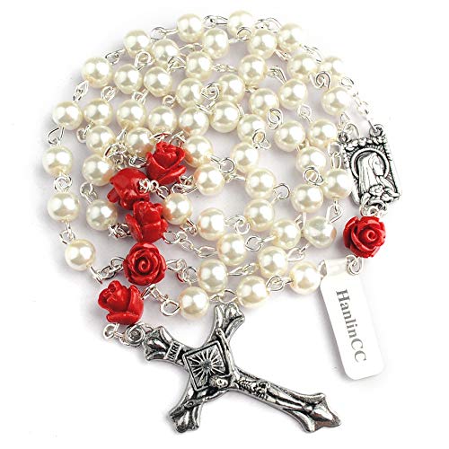 Product Cover Hedi 6mm Glass Pearl Beads Catholic Rosary with Lourdes Center Piece