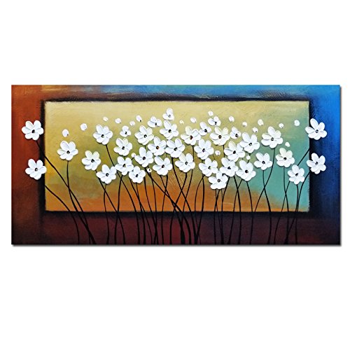 Product Cover Wieco Art White Flowers Oil Paintings on Canvas Wall Art for Living Room Bedroom Home Decorations Large Modern Stretched and Framed 100% Hand Painted Contemporary Pretty Abstract Floral Artwork L