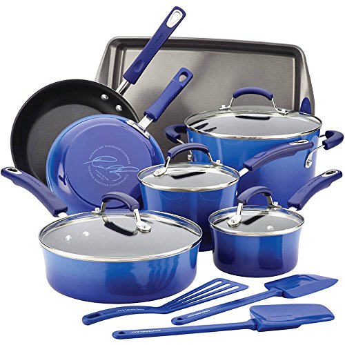 Product Cover Rachael Ray 17463 Brights Nonstick Cookware Pots and Pans Set, 14 Piece, Blue Gradient
