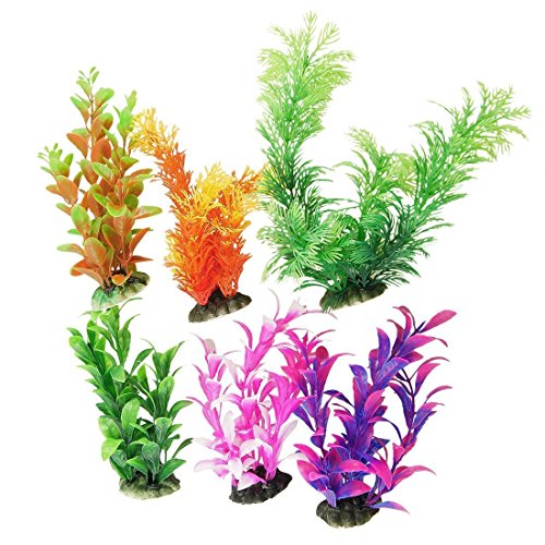 Product Cover CNZ 6 Piece, Assorted Color Aquarium Plastic Plant Decoration with Ceramic Base