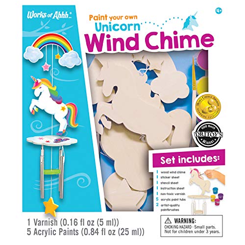 Product Cover MasterPieces Works of Ahhh Real Wood Large Acrylic Paint & Craft Kit, Wind Chime with Unicorn, Mom's Choice Award, for Ages 4+