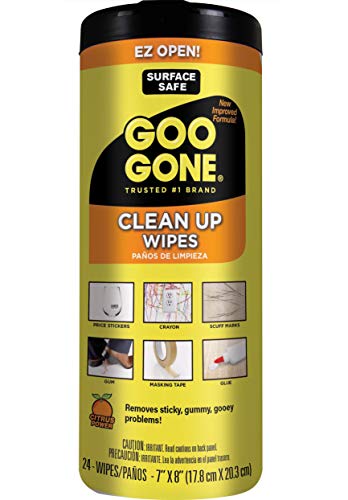 Product Cover Goo Gone Clean Up Wipes Adhesive Remover - 24 Count - Removes Adhesive Residue Labels Stickers Crayon Tree Sap Gum Masking Tape Glue and More